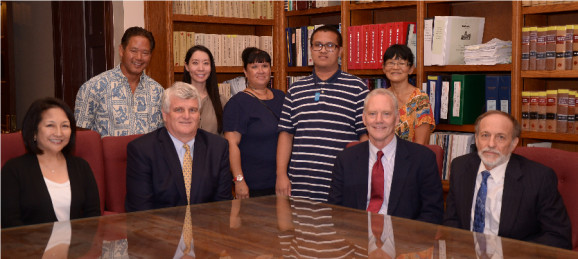 (l. to r.)  front row:  Justice Nakayama, Chief Justice Recktenwald, Bayani Gamit, Jr., Justice Wilson, Justice Pollack; back row:  Rep. Marcus Oshiro, Kimberly Asano, Mona Akui, Gail Ishikawa