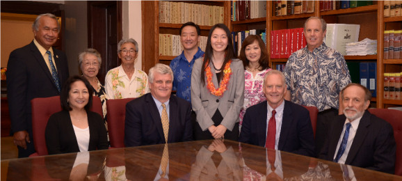 (l. to r.)  front row:  Justice Nakayama, Chief Justice Recktenwald, Lisa Ishimoto, Justice Wilson, Justice Pollack; back row:  Sen. Gilbert Kahele, Maureen Ishimoto, Rep. Clift Tsuji, Dean Ishimoto, Shelley Ishimoto, Michael Bird