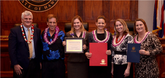 (l. to r.)  Chief Justice Recktenwald, Louis Erteschik, Kristin Holland, Maile Osika, Michelle Comeau, Chrystn Eads