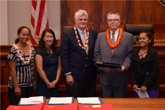 (l. to r.)  Rep. Della Au Belatti, Michelle Acosta, Chief Justice Recktenwald, Bradley Tamm, Beverlyn Simina