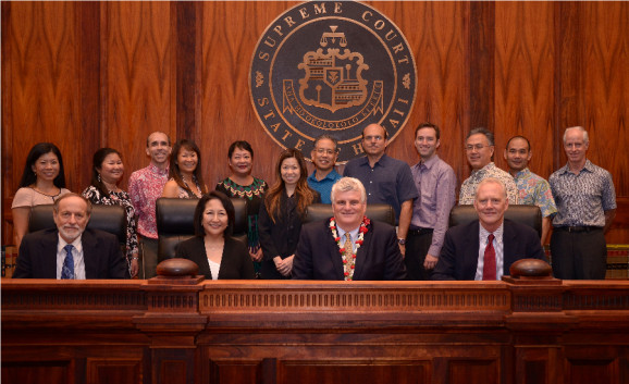 (l. to r.)  front row:  Justice Pollack, Justice Nakayama, Chief Justice Recktenwald, Justice Wilson; back row:  Kristin Shigemura, Jill Hasegawa, Kevin Herring, Jodi Yamamoto, Lynne Toyofuku, Terri Ann Motosue, Derek Kobayashi, Elton Johnson, Matthew Hemme, Mark Ito, Scott Morita, Tred Eyerly