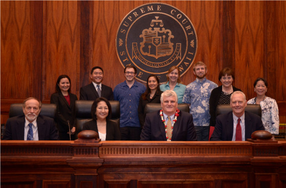 (l. to r.)  front row:  Justice Pollack, Justice Nakayama, Chief Justice Recktenwald, Justice Wilson; back row:  Lynda Arakawa, Regan Iwao, David Hoftiezer, Jennifer Yamanuha, Terri O'Connell, James Abraham, Lisa Munger, Corlis Chang