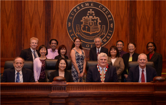 (l. to r.)  front row:  Justice Pollack, Justice Nakayama, Chief Justice Recktenwald, Justice Wilson; back row:  Judge  Mark Browning, Lynnae Lee, Tom Tanimoto, Ann Isobe, Jessi Hall, Steve Hioki, Carol Tribbey, Dean Soma, Arlette Harada, Bernice Krause