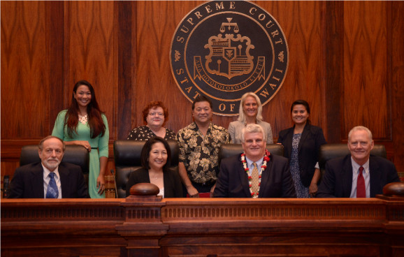 (l. to r.)  front row:  Justice Pollack, Justice Nakayama, Chief Justice Recktenwald, Justice Wilson; back row:  Kainani Collins, Susan Arnett, Jack Tonaki, Audrey Stanley, Jessica Domingo
