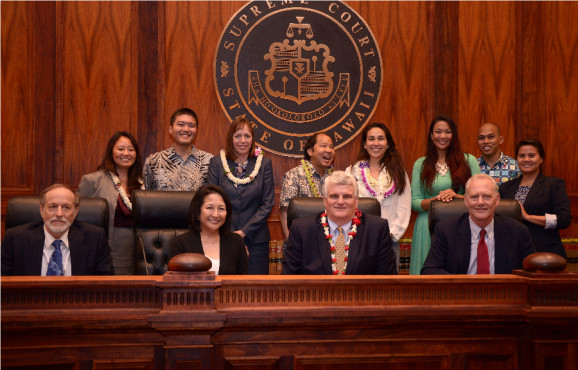 (l. to r.)  front row:  Justice Pollack, Justice Nakayama, Chief Justice Recktenwald, Justice Wilson; back row:  Catherine Aubuchon, Randall Wat, Margery Bronster, Kevin Kimura, Katherine Bennett, Kainani Collins, Sergio Alcubilla, Jessica Domingo